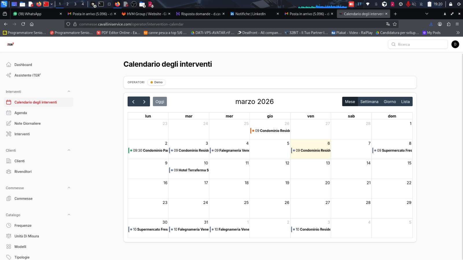 Schermata del calendario interventi di iter7