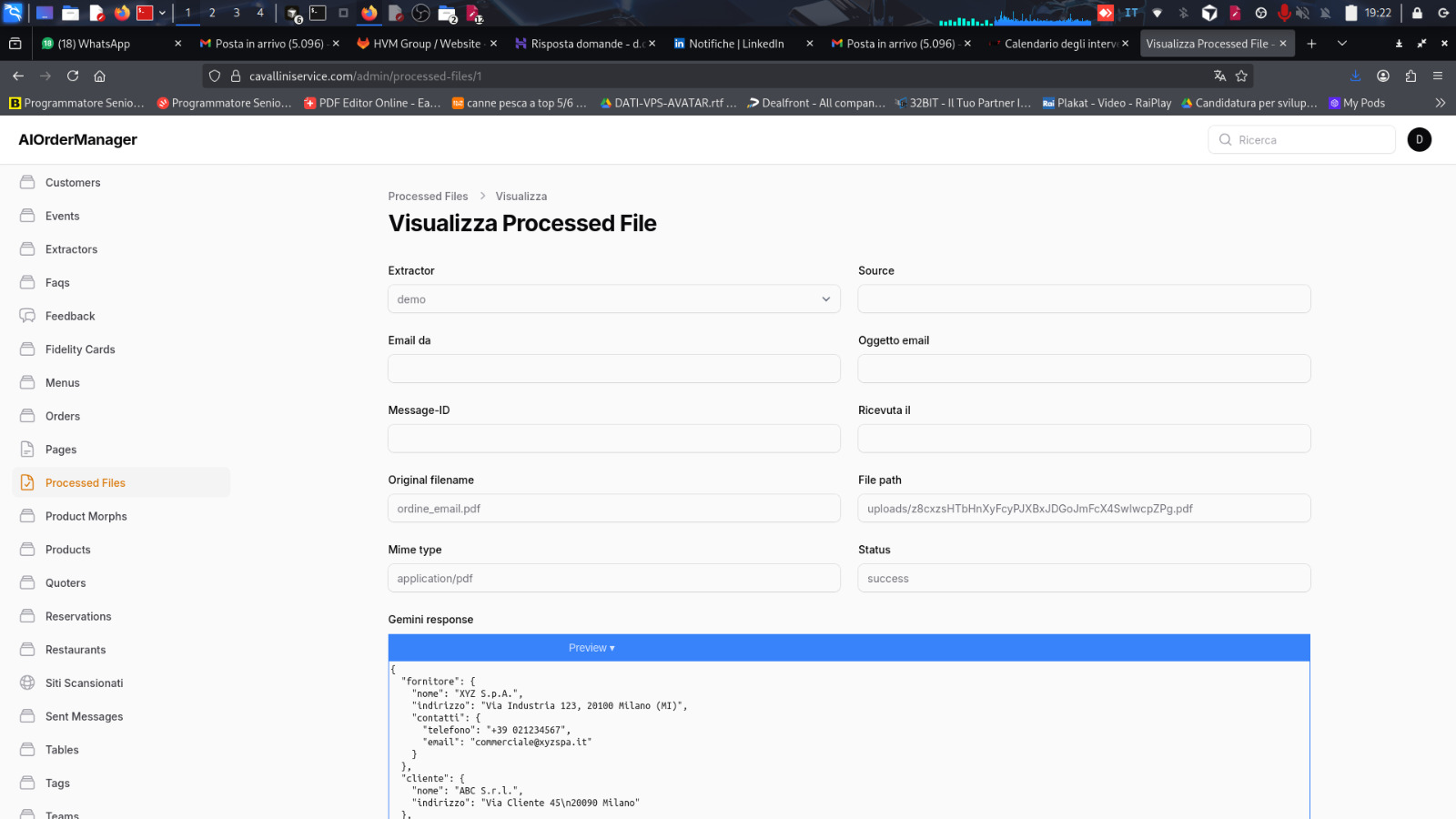 Schermata del risultato del processamento ordini con AI